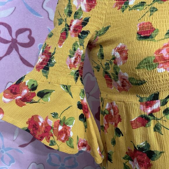 ambiance size small mustard gold yellow off shoulder floral print summer blouse - Picture 6 of 8